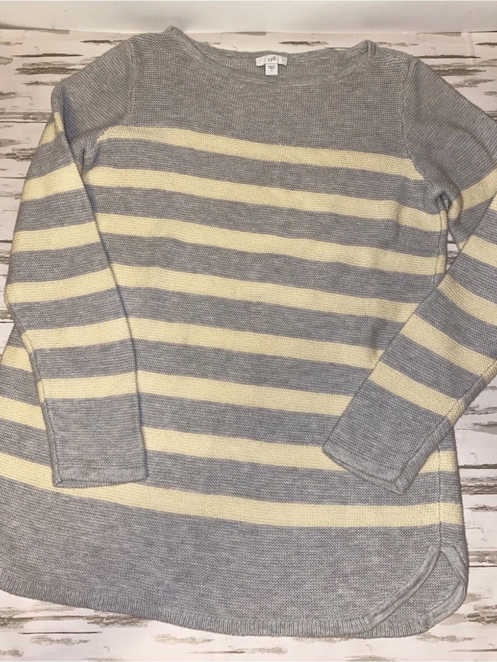 J. Jill Gray and Cream Striped Crewneck Pullover